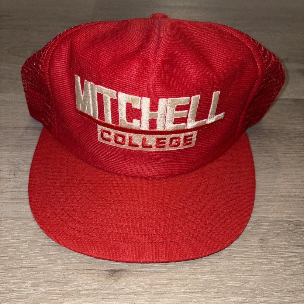 Vintage University Square Mitchell College Mesh Trucker Snap Back Hat Red (Flaw)